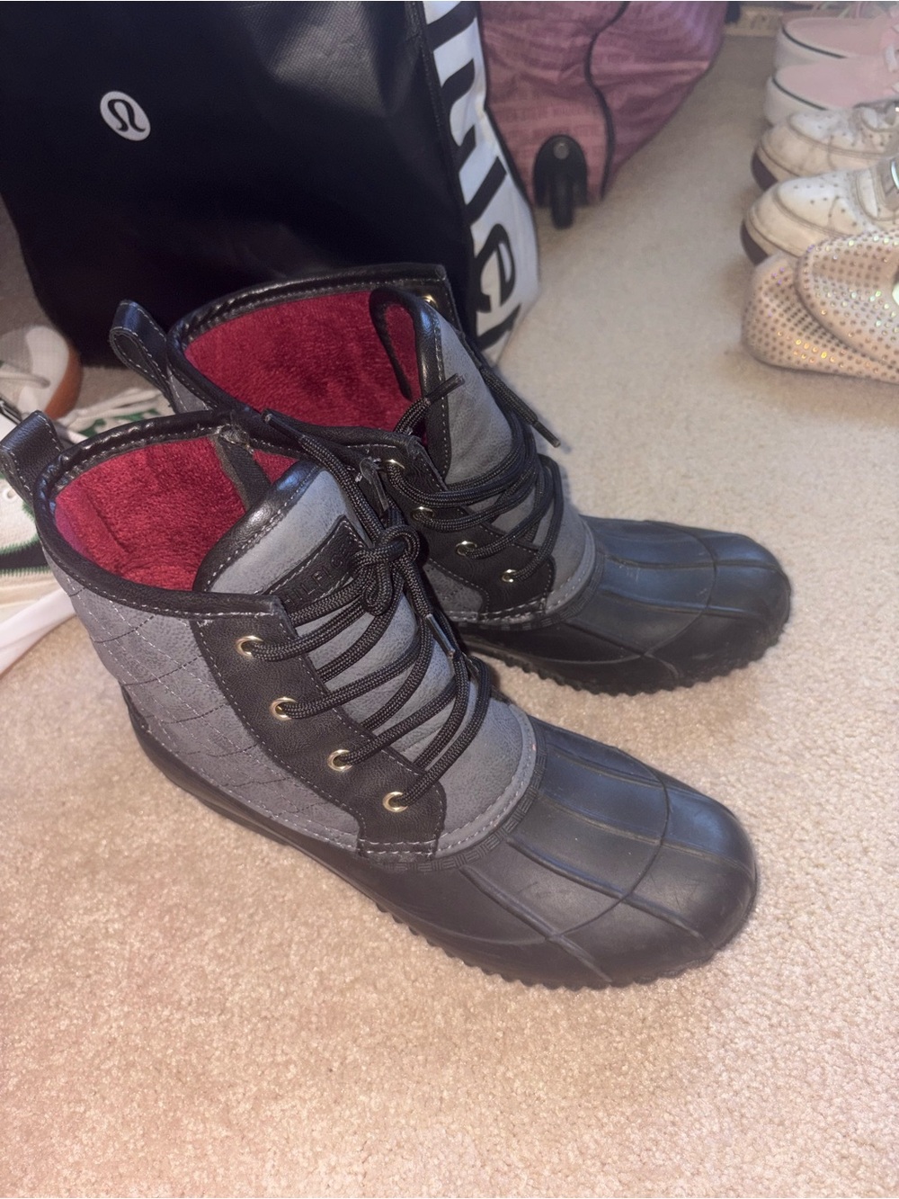 Tommy Hilfiger Gray & Black Duck Boots with Red Lining